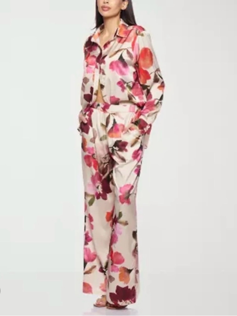 Premier Cream Satin Wide-Leg Pants and shirt set with Pink & Red Floral Print